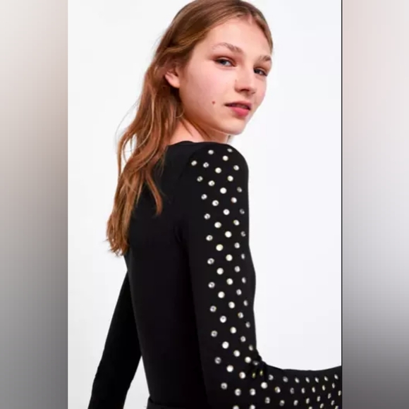 Zara Bodysuit With Bead Trim Black Long Sleeve Large - Picture 5 of 6